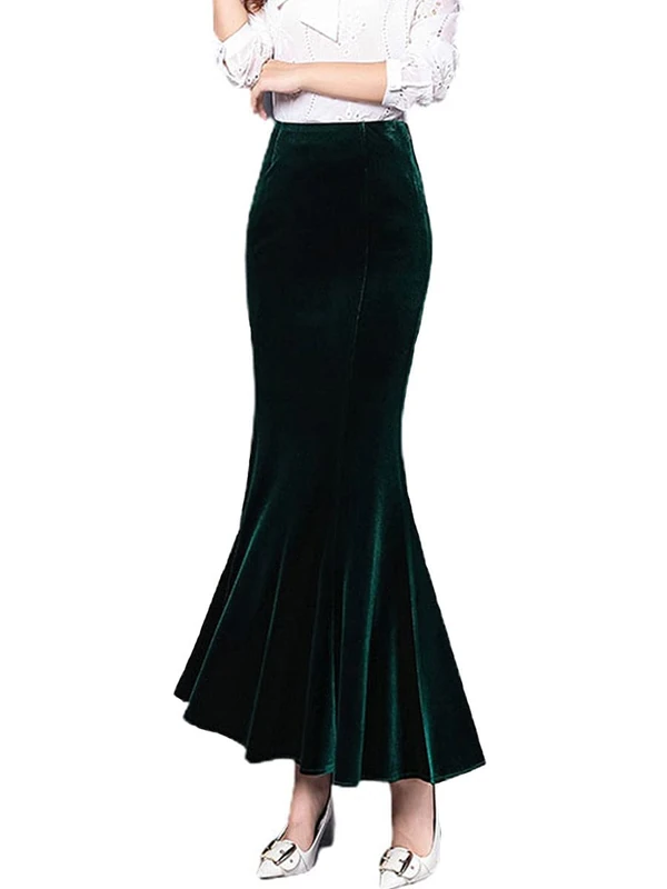 ebossy Women's High Waist Bodycon Velvet Fishtail Mermaid Maxi Skirt Evening Party, Green, XXL