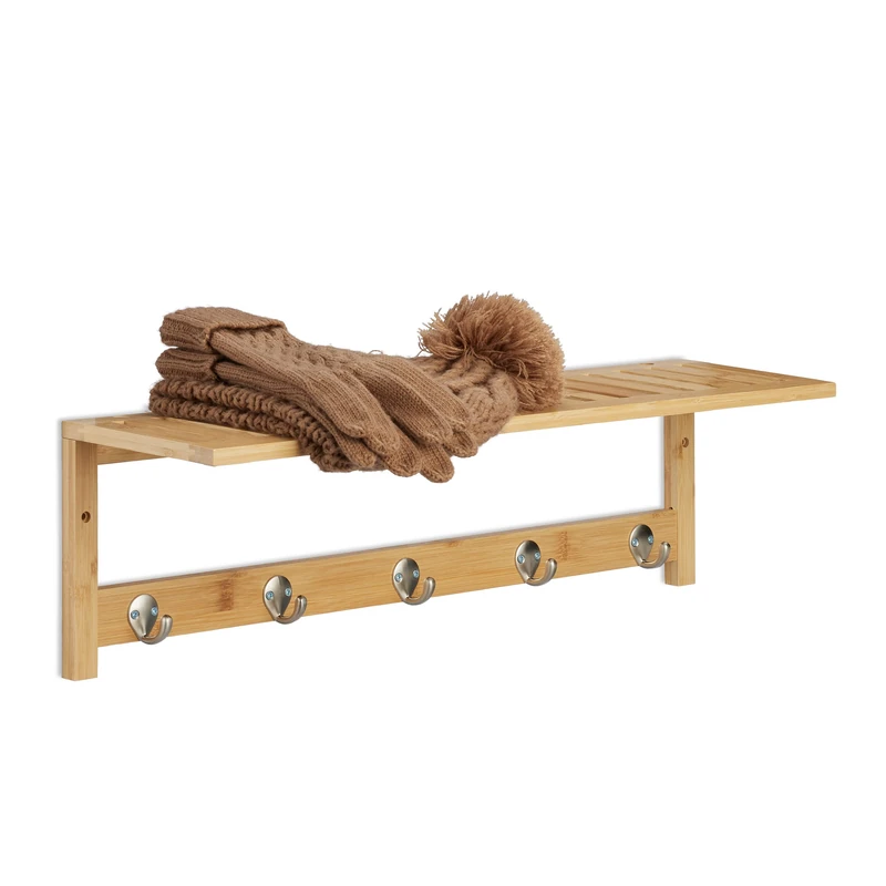 Relaxdays Wall Shelf Rail, Bamboo, HxWxD: 18 x 62 x 16 cm, Towel Holder Bathroom, Coat Rack Hallway, Wood, 5 Hooks - Image 1