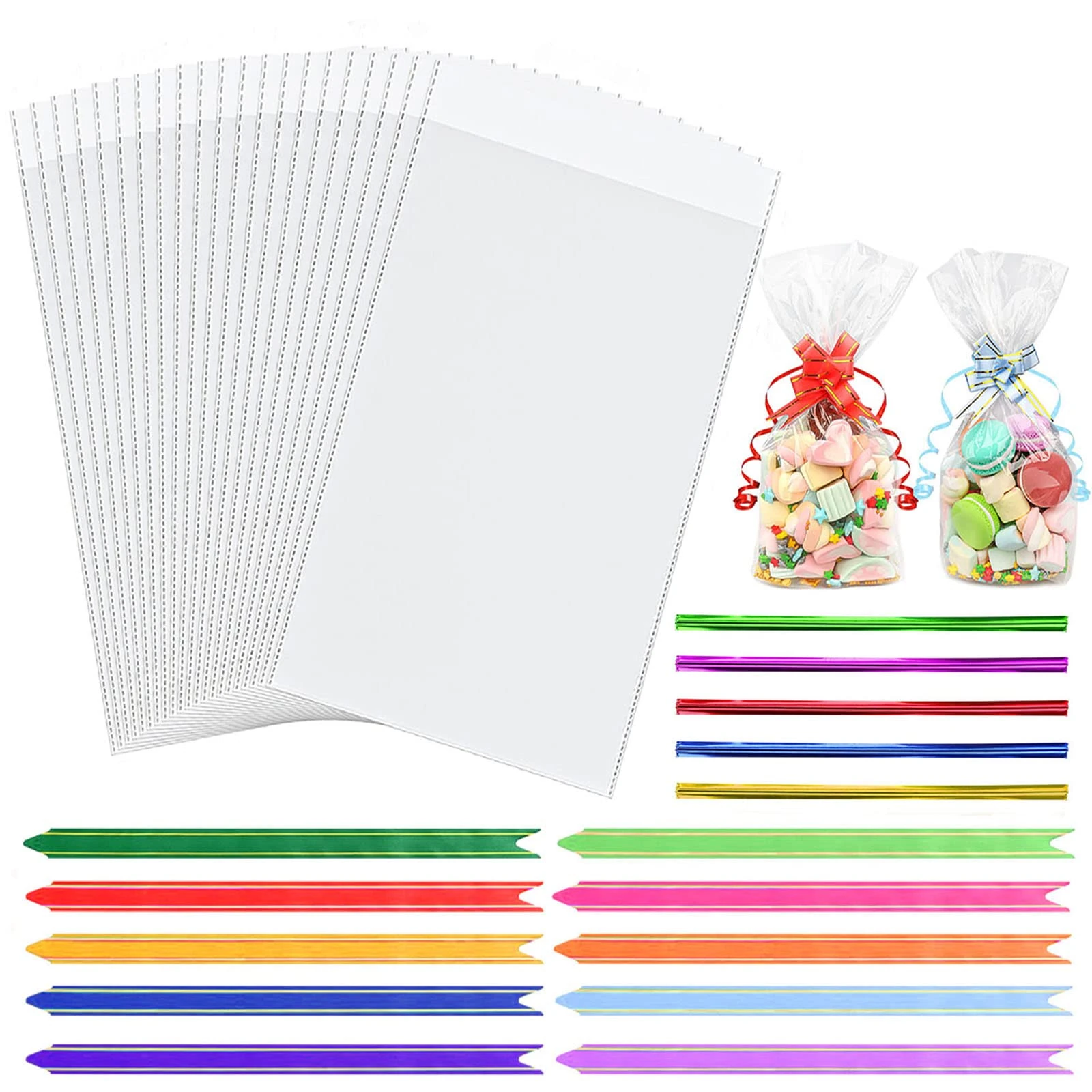Cellophane Bags,100pcs (6 x 10 Inches) Cellophane Bags with 100pcs Colorful Pull Bows & 100pc Colorful Ties,Flat Bottom Sweets Clear Bags for Present Packaging of Christmas, Halloween, Birthday.
