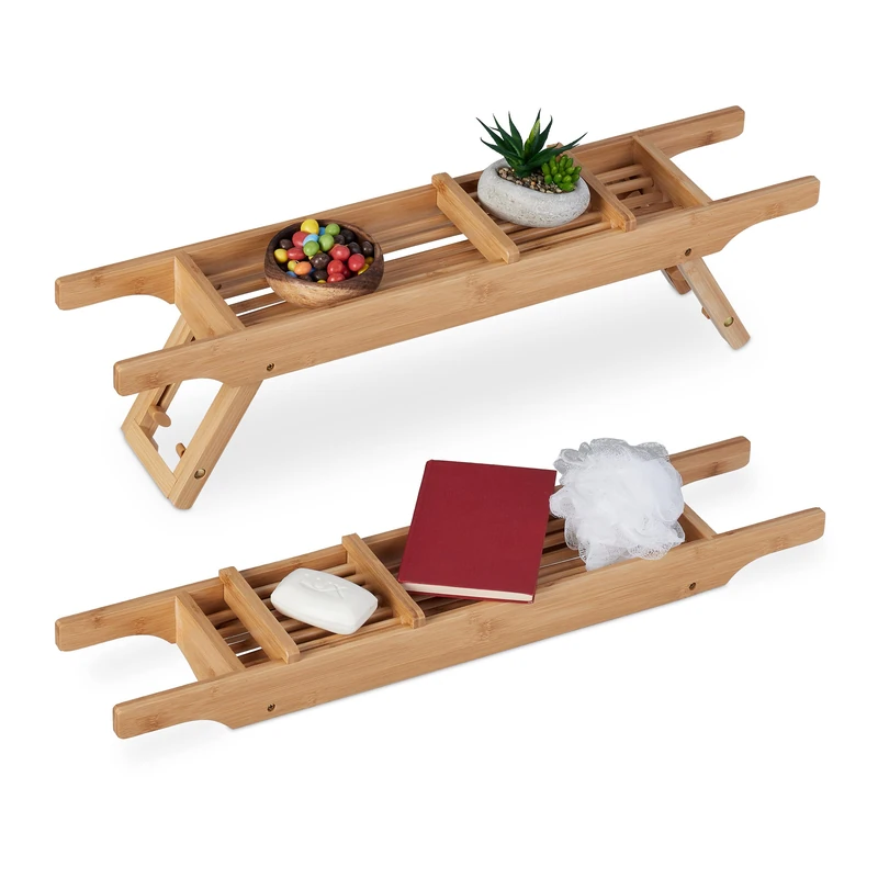 Relaxdays Bathtub Tray, Bamboo, 69 cm Wide, Caddy with Folding Legs, Over The Bath Rack with Soap Dish, Natural - Image 1