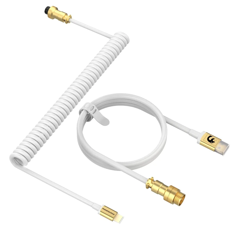 MAMBASNAKE Coiled Keyboard Cable, Pro Custom USB-C Aviator Cable for Keyboard, Type-C to USB-A HyperSpeed Line with 8KHz Return Rate with Gold Aviation Connector for PC Gaming Keyboard-White/C02