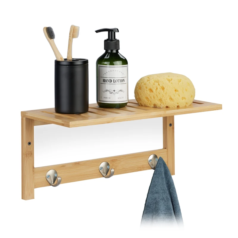 Relaxdays Wall Shelf with Hook Rail, Bamboo, HxWxD: 18 x 37.5 x 16 cm, Towel Holder Bathroom, Coat Rack Hallway, Wood