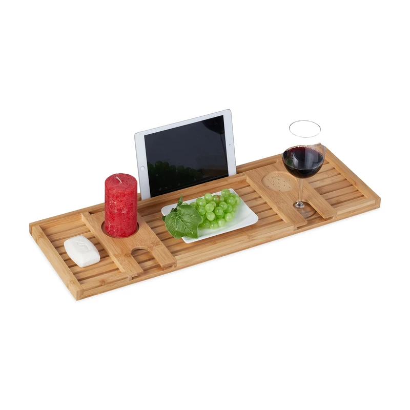 Relaxdays Bamboo Bathtub Tray, 73.5 cm Wide, Over The Bath Caddy, Wooden Rack, with Wine Glass & Tablet Holder, Natural