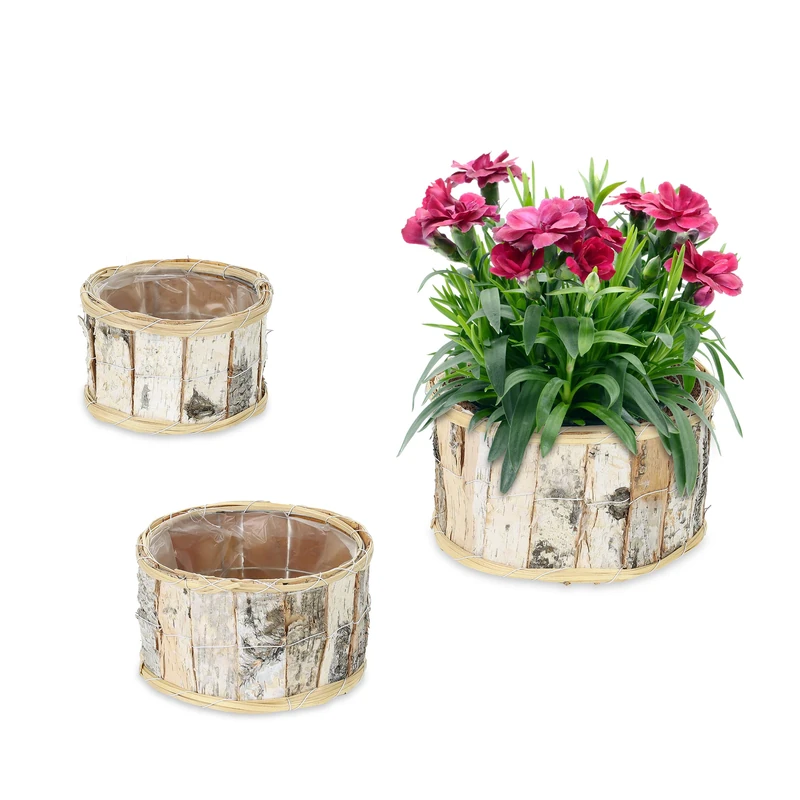 Relaxdays Flowerpot Set of 3, Birch Bark, for Flowers & Herbs, Plant Baskets with Foil, 3 Sizes, Wooden Planter, Natural