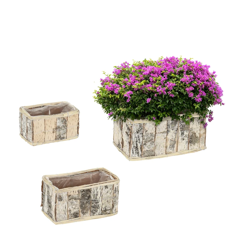 Relaxdays 3x Rectangular Flowerpots, Birch Bark, Flowers & Herbs, Plant Baskets with Foil, in 3 Sizes, Wooden, Natural, Wood, 14 x 28 x 17.5 cm