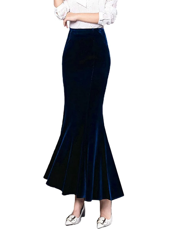 ebossy Women's High Waist Bodycon Velvet Fishtail Mermaid Maxi Skirt Evening Party, Blue, XL