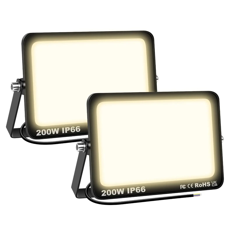SKYWORLD 2 Pcs 200W Outdoor LED Flood Lights, 20000LM LED Security Lights, IP66 Waterproof, 3000K Daylight Warm White Floodlight Outside Flood Lamp for Garden Garage Yard Lawn Court Patio Warehouse