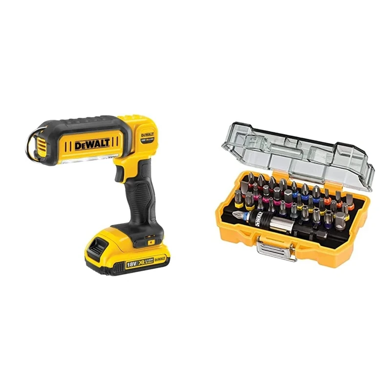 DEWALT DCL050-XJ 18 V XR Handheld LED Area Light, Bare Unit, Multi & DT7969-QZ, 32 Piece XR Professional Magnetic Screwdriver Bit Accessory Set, Yellow