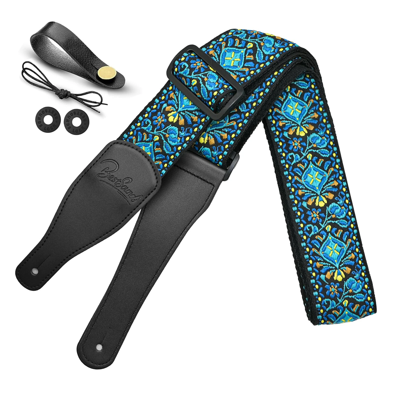 Guitar Strap, Jacquard Embroidered Cotton Straps with Leather Ends Shoulder Strap for Bass, Acoustic, Electric Guitar (Jacquard Teal Blue)