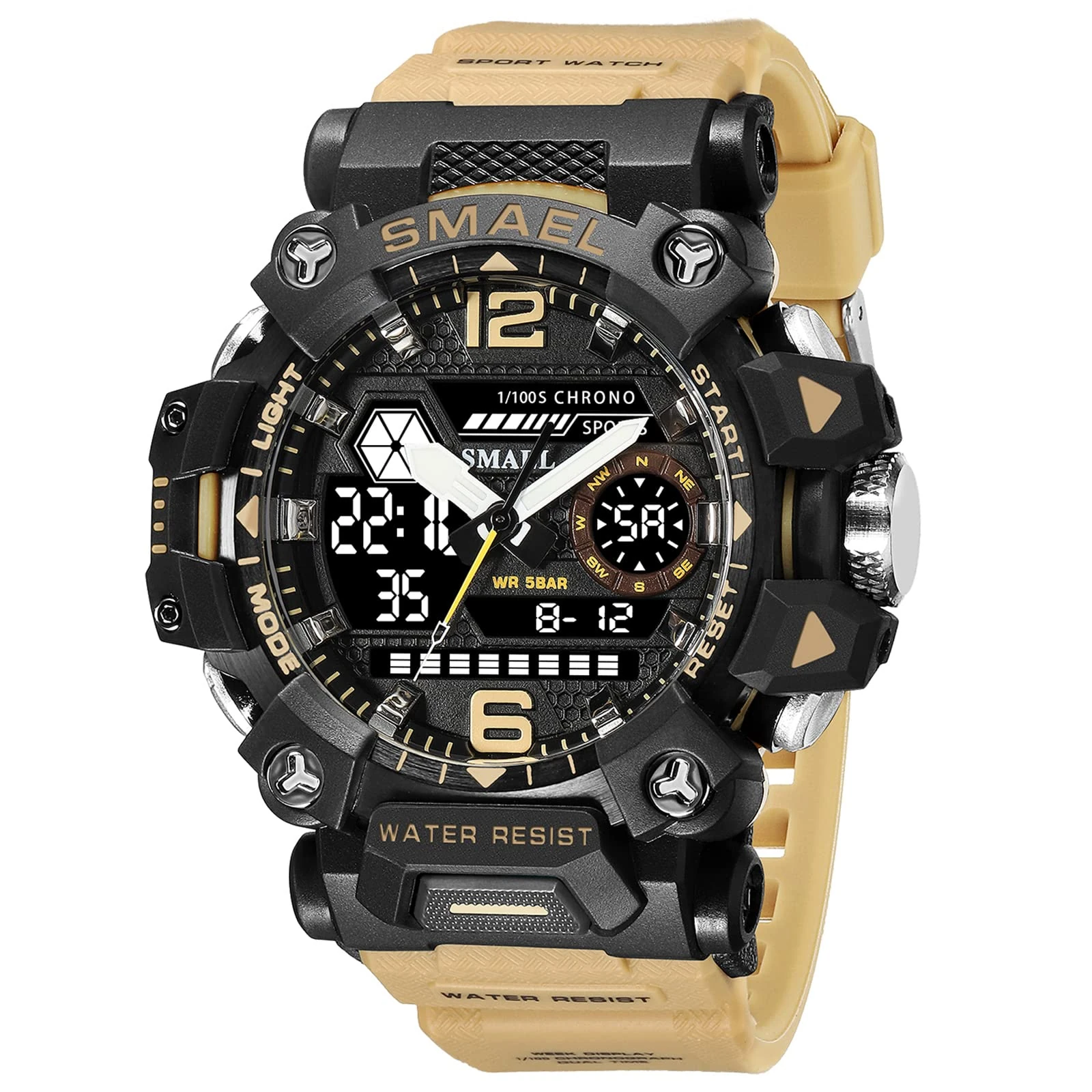 SMAEL Men's Military Watch Outdoor LED Digital Watch Waterproof Tactical Army Wrist Sports Watches for Men 8072, Khaki-8072, Sport