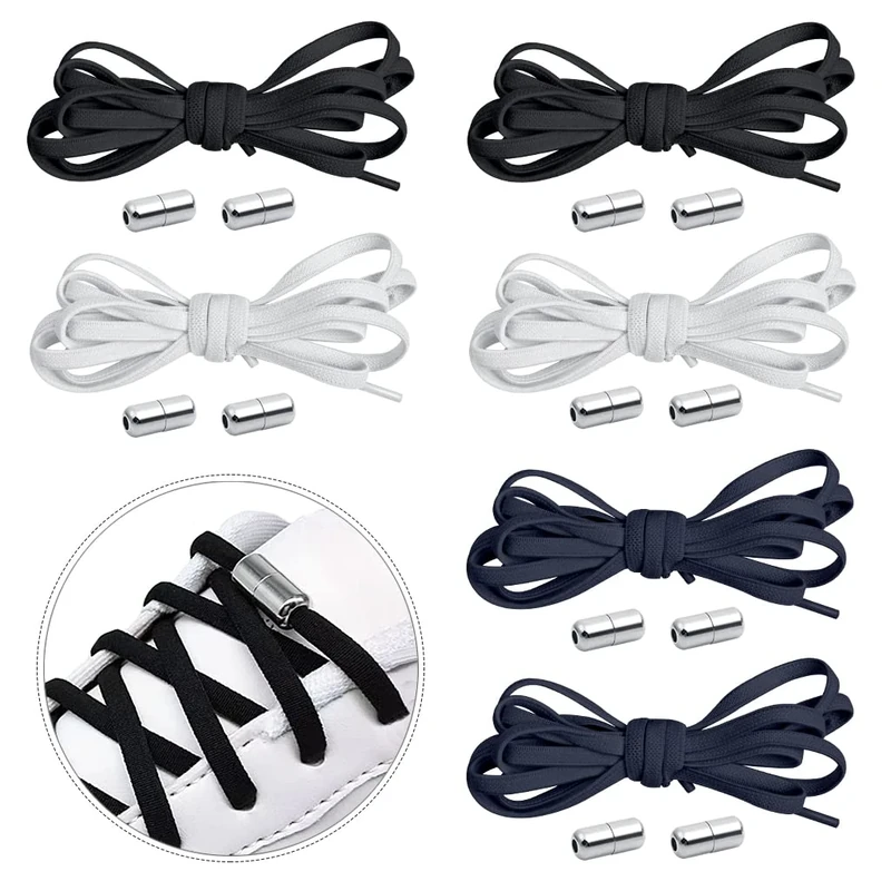 ZGTS 6 Pairs No Tie Shoelaces for Adults & Kids，Elastic Laces for Sneakers, Running, Tennis Shoes，One Size Fits Most(Black/White/Dark Blue)