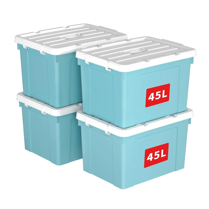 Cetomo 45L*4 Storage Boxes, Carry Plastic Storage Box with Lids, Organizing Container with Handle and Secure Latching Buckles, Stackable, Nestable, Tote Bin for Home Office Clothes, 45L-4Pack, Blue