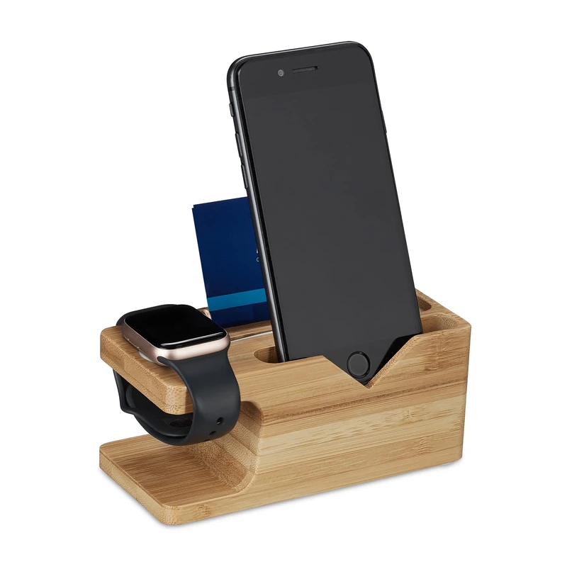 Relaxdays Charging Station, Tablet & Smartphone, iPhone, Apple Watch, H x W x D: 6 x 14 x 6.5, Bamboo, Natural
