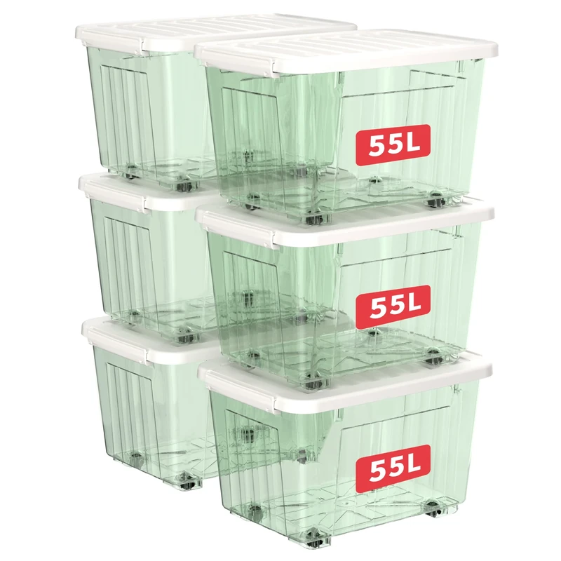 Cetomo 55L*6 Plastic Storage Boxes with Wheels, Lidded Storage Box with Secure Side Latches, PP Nestable and Stackable Clear Organizer for Home, Office, Moving, Transparent Green, 55L-6 Pack