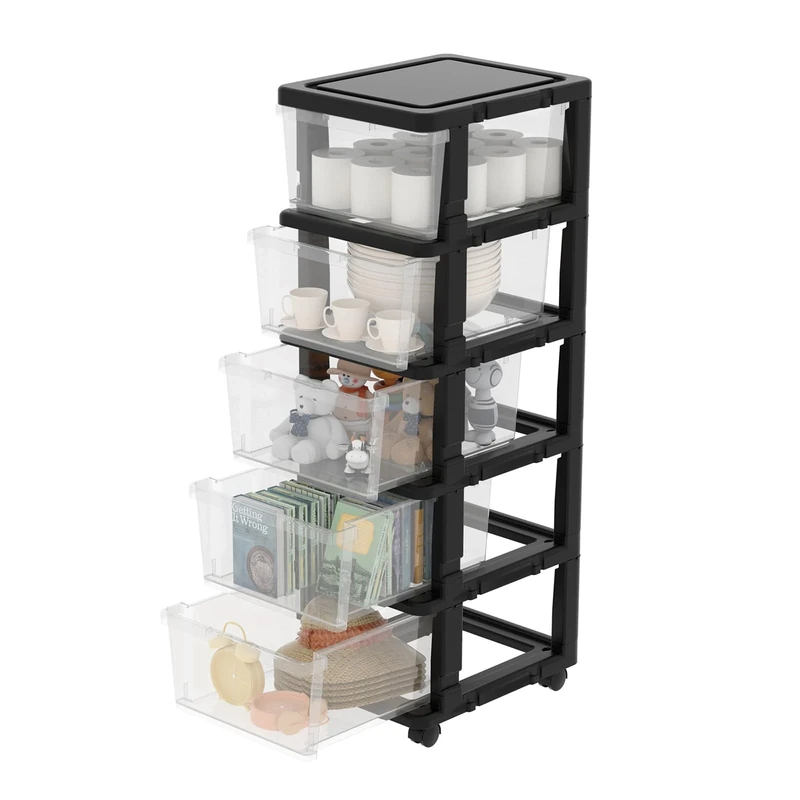 Cetomo Plastic Storage Drawers Unit, Storage Drawer on Locking Wheels, Tower with Interlocking Hooks for Home Office Closet Bedroom Dorm, Detachable, Free Combination, Clear and Black, 5 Drawers