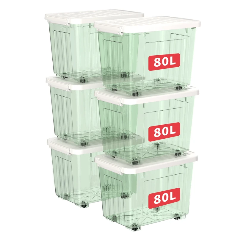 Cetomo 80L*6 Plastic Storage Boxes with Wheels, Lidded Storage Box with Secure Side Latches, PP Nestable and Stackable Clear Organizer for Home, Office, Moving, Transparent Green, 80L-6 Pack