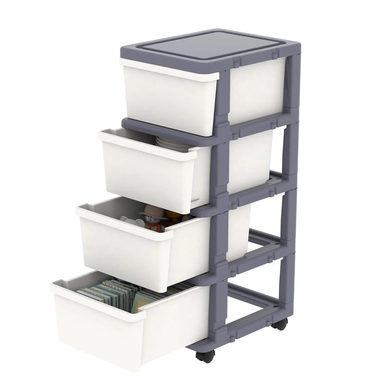 Cetomo Plastic Storage Drawers Unit, Storage Drawer on Locking Wheels, Tower with Interlocking Hooks for Home Office Closet Bedroom Dorm, Detachable, Free Combination, White and Gray, 4 Drawers - Image 1