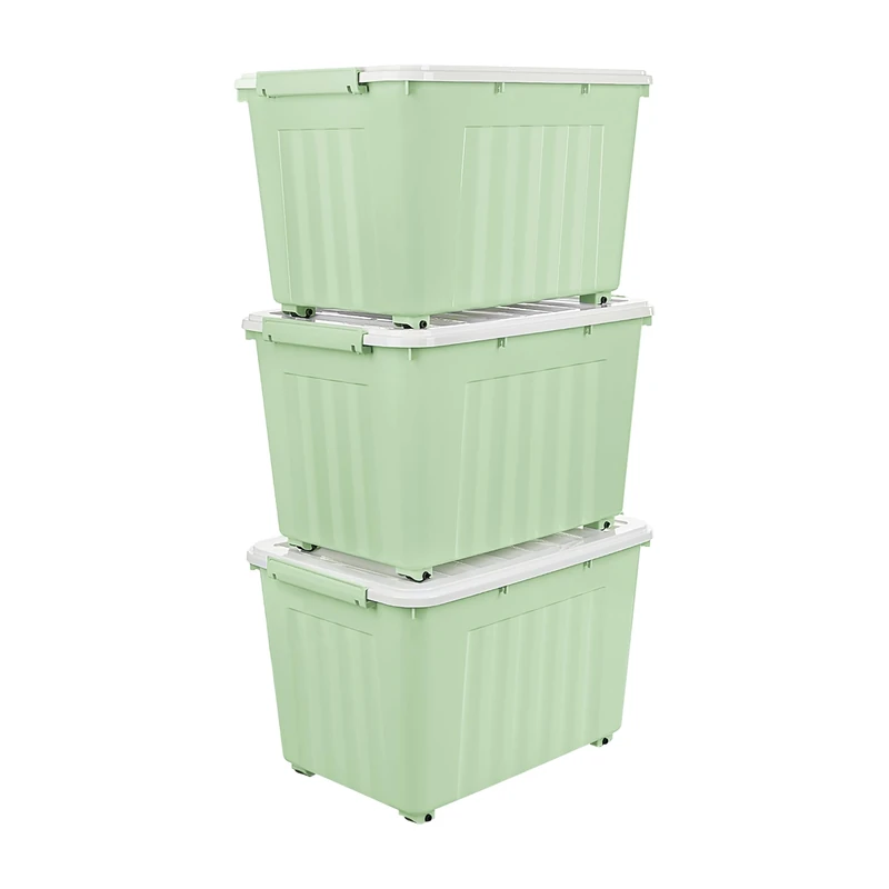 Cetomo 55L*3 Storage Boxes with Lids, Plastic Storage Box with Wheels and Secure Side Latches, Stackable & Nestable Organizer for Home, Office, Moving, PP, Green, 55L-3 Pack