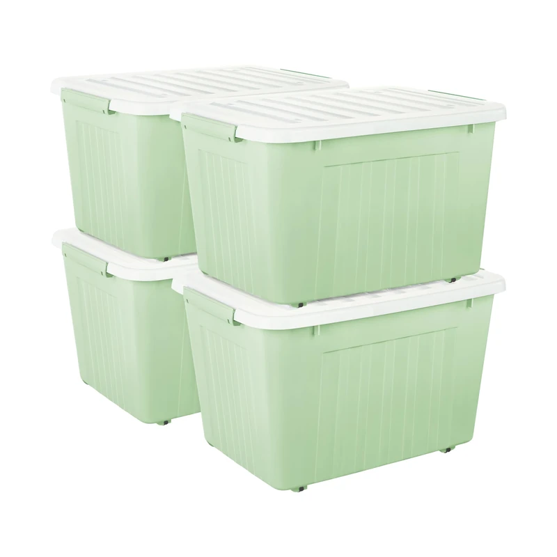 Cetomo 80L*4 Storage Boxes with Lids, Plastic Storage Box with Wheels and Secure Side Latches, Stackable & Nestable Organizer for Home, Office, Moving, PP, Green, 80L-4 Pack
