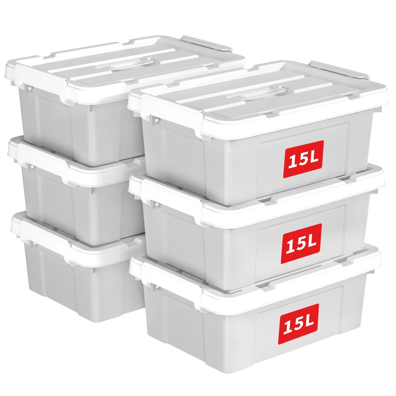 Cetomo 15L*6 Storage Boxes, Carry Plastic Storage Box with Lids, Organizing Container with Handle and Secure Latching Buckles, Stackable, Nestable, Tote Bin for Home Office Clothes, 15L-6Pack, Gray