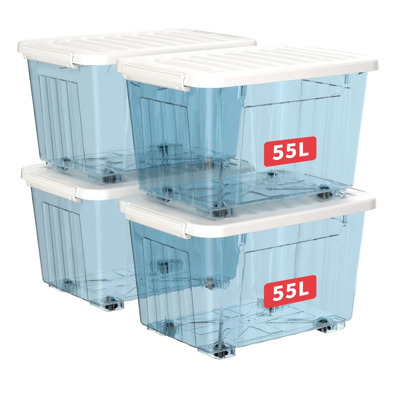 Cetomo 55L*4 Plastic Storage Boxes with Wheels, Lidded Storage Box with Secure Side Latches, PP Nestable and Stackable Clear Organizer for Home, Office, Moving, Transparent Blue, 55L-4 Pack