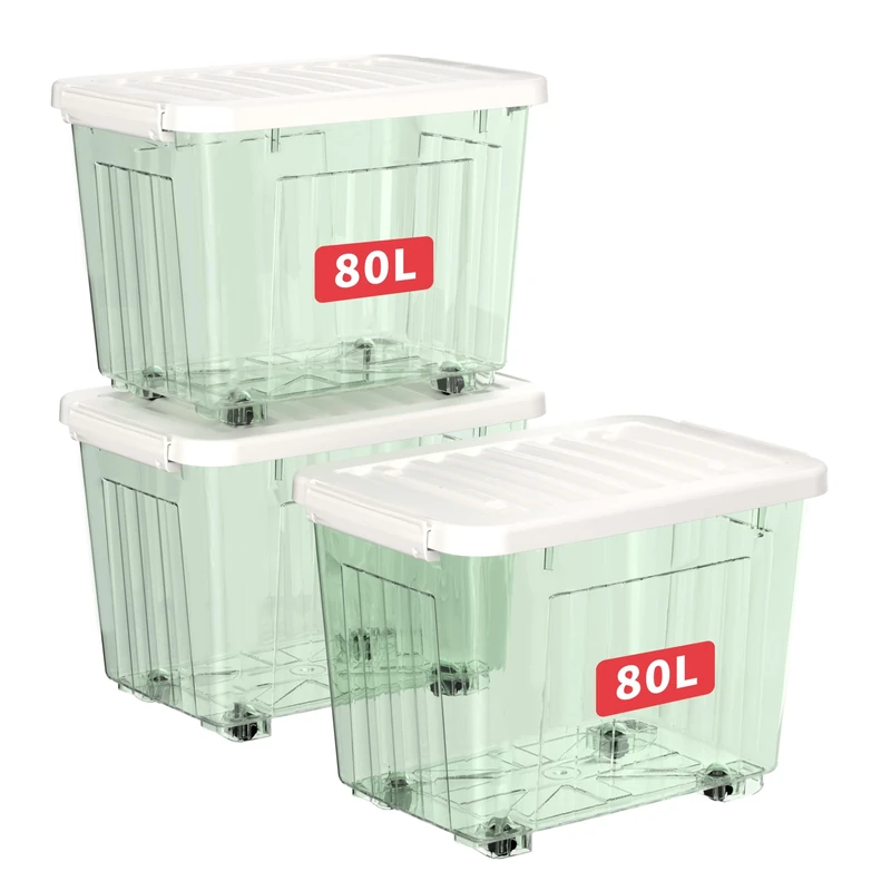 Cetomo 80L*3 Plastic Storage Boxes with Wheels, Lidded Storage Box with Secure Side Latches, PP Nestable and Stackable Clear Organizer for Home, Office, Moving, Transparent Green, 80L-3 Pack