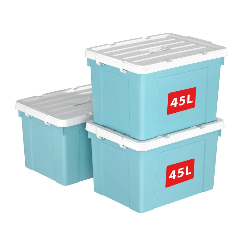 Cetomo 45L*3 Storage Boxes, Carry Plastic Storage Box with Lids, Organizing Container with Handle and Secure Latching Buckles, Stackable, Nestable, Tote Bin for Home Office Clothes, 45L-3Pack, Blue