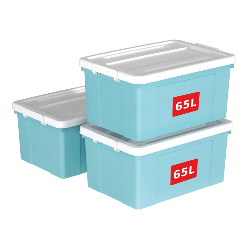 Cetomo 65L*3 Storage Boxes, Plastic Storage Box with Lids, Organizing Container with Secure Latching Buckles, Stackable, Nestable, Tote Bin for Home Office Clothes, 65L-3Pack, Blue