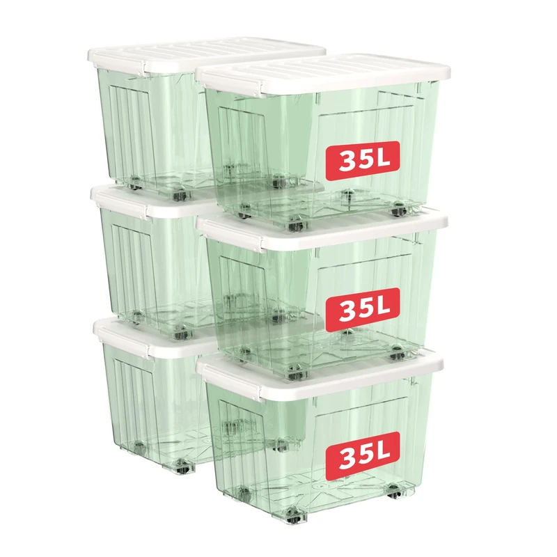 Cetomo 35L*6 Plastic Storage Boxes with Wheels, Lidded Storage Box with Secure Side Latches, PP Nestable and Stackable Clear Organizer for Home, Office, Moving, Transparent Green, 35L-6 Pack