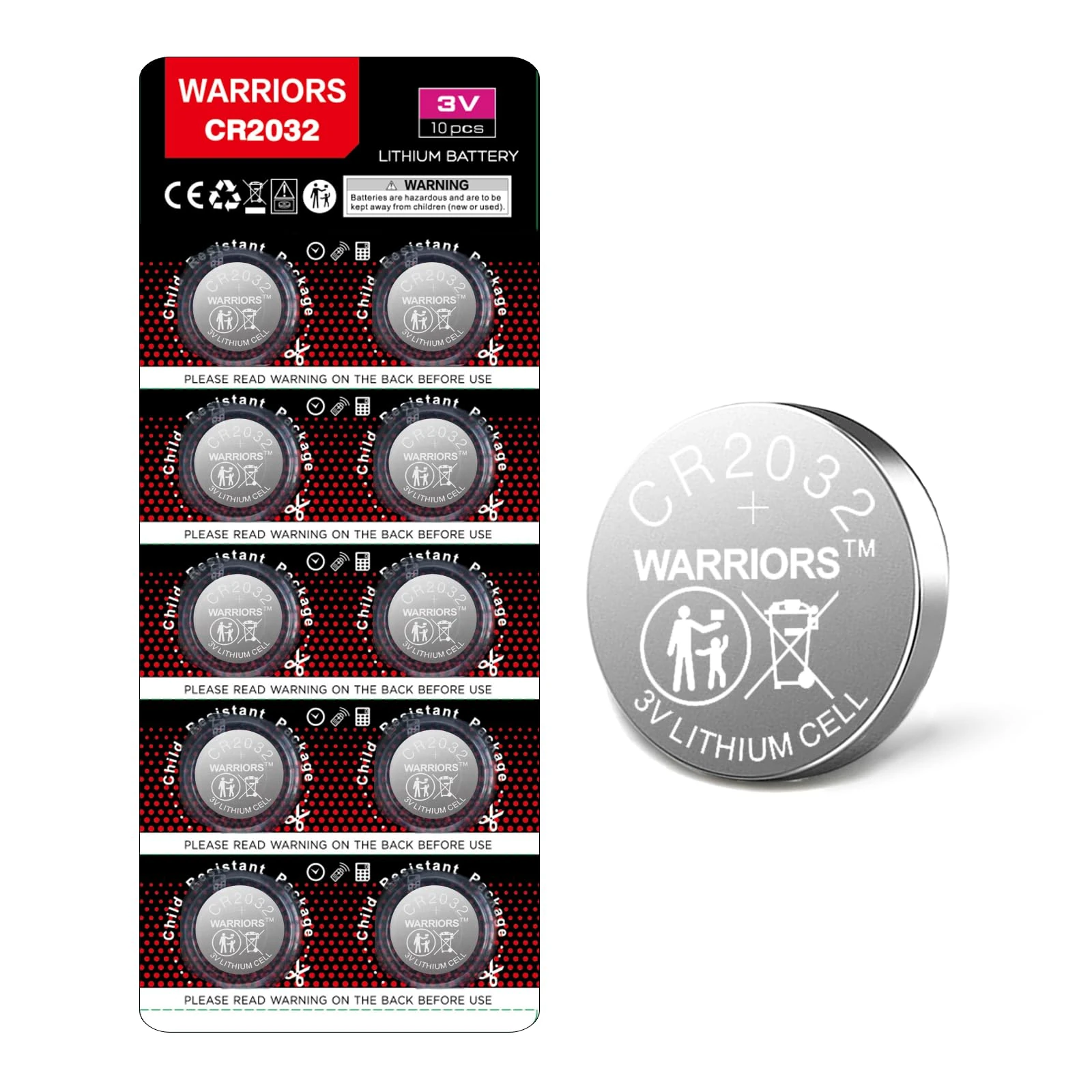 Warriors 10X 2032 CR2032 Batteries Coin Button Cell 3V 3 Volt Lithium 240mAH Battery Up to 70% Extra Life Child Resistant Safety Package Retail Pack
