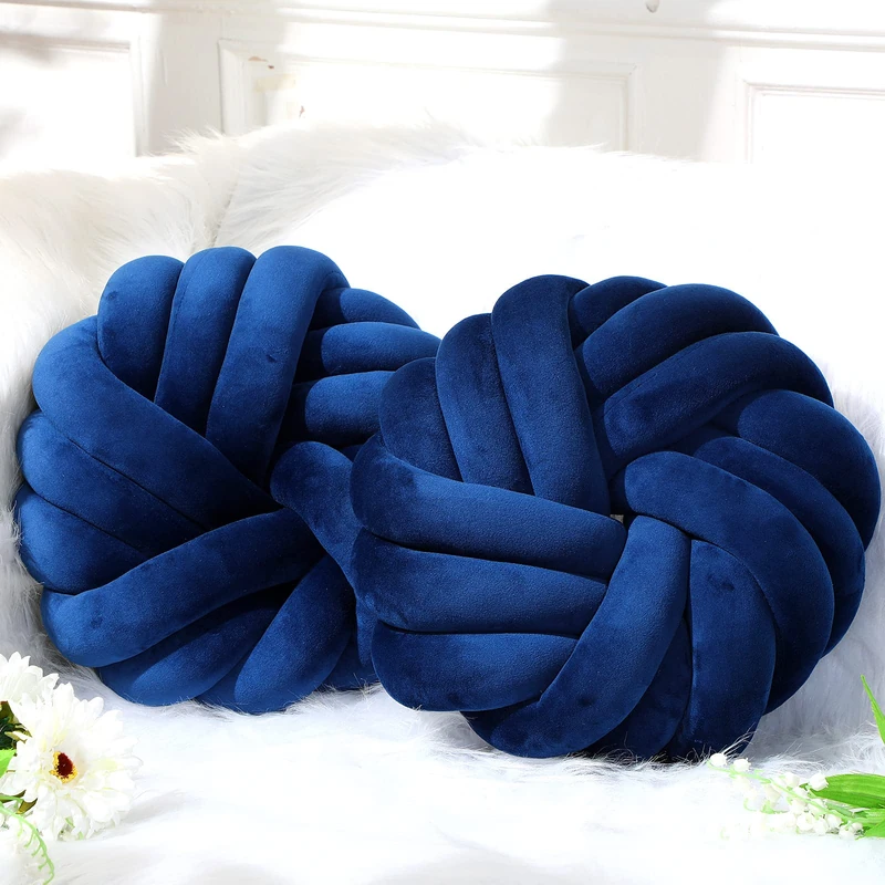 2 Pcs Knot Pillow 14 x 14 Inch Plush Throw Knot Ball Pillow Decorative Soft Sofa Knot Pillow Ball Handmade Chair Cushion Home Stuffed Ball Pillow for Living Room Bedroom Car Decorations (Royal Blue) - Image 1