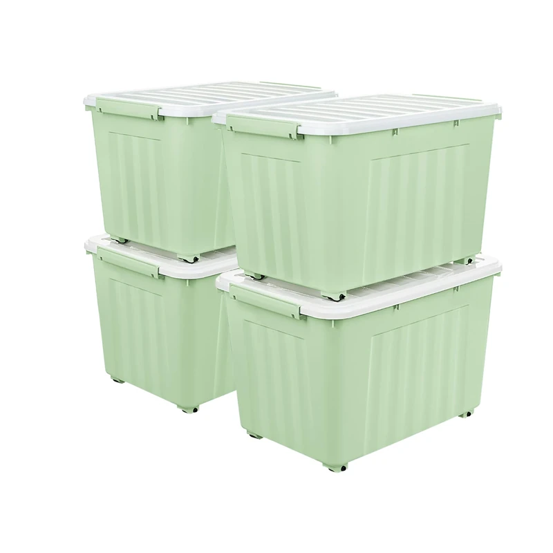 Cetomo 55L*4 Storage Boxes with Lids, Plastic Storage Box with Wheels and Secure Side Latches, Stackable & Nestable Organizer for Home, Office, Moving, PP, Green, 55L-4 Pack