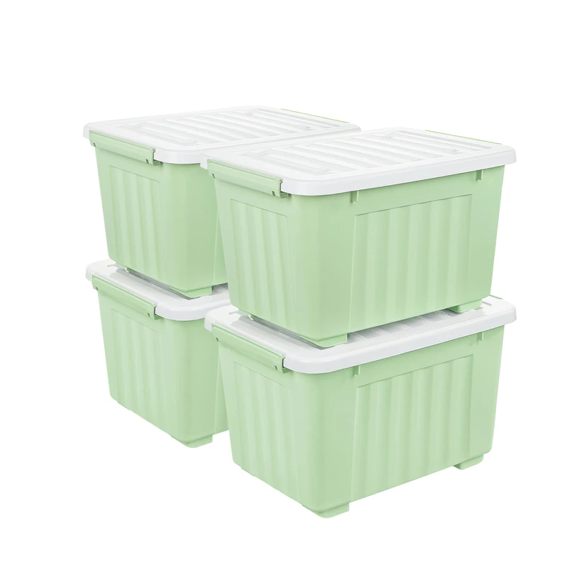 Cetomo 35L*4 Storage Boxes with Lids, Plastic Storage Box with Wheels and Secure Side Latches, Stackable & Nestable Organizer for Home, Office, Moving, PP, Green, 35L-4 Pack