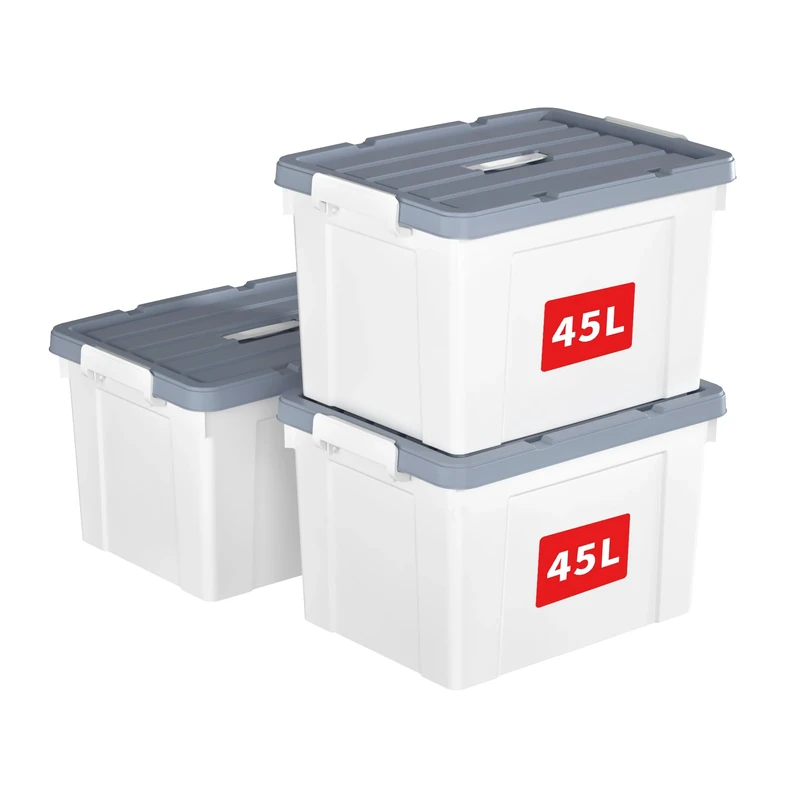 Cetomo 45L*3 Storage Boxes, Carry Plastic Storage Box with Lids, Organizing Container with Handle and Secure Latches, Nestable & Stackable Tote Box for Home Office, 45L-3 Pack, White