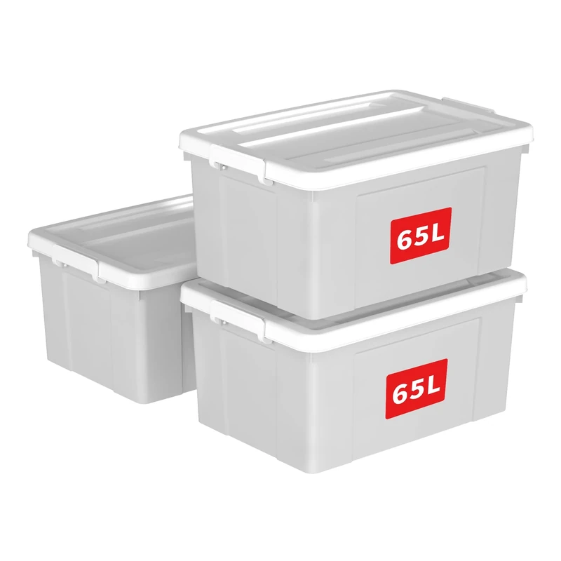 Cetomo 65L*3 Storage Boxes, Plastic Storage Box with Lids, Organizing Container with Secure Latching Buckles, Stackable, Nestable, Tote Bin for Home Office Clothes, 65L-3Pack, Gray