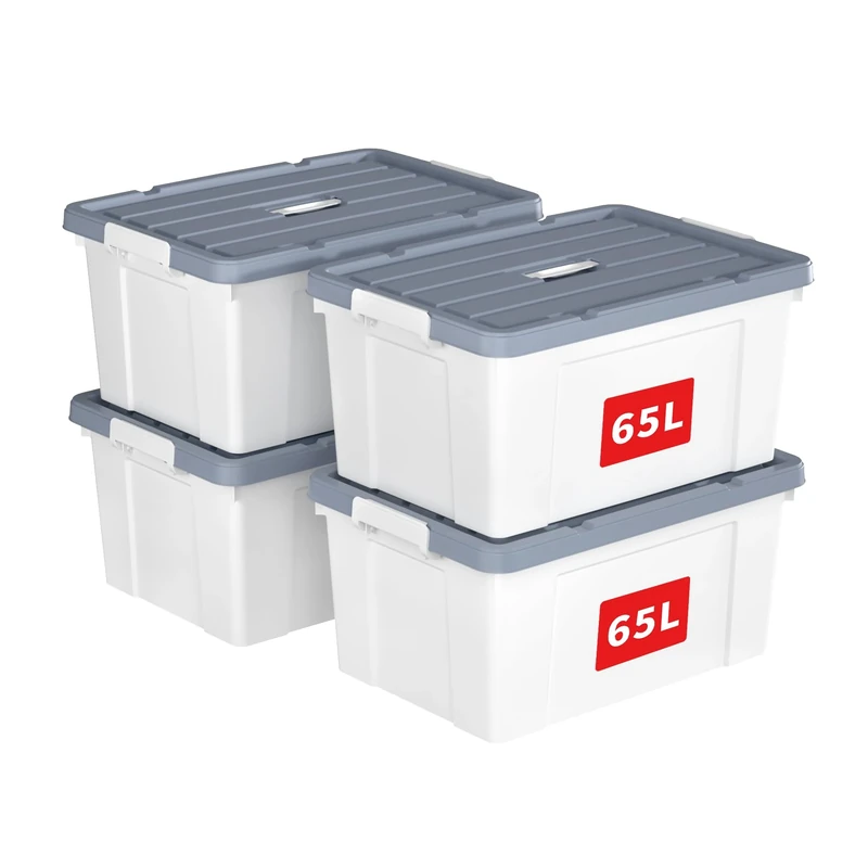 Cetomo 65L*4 Storage Boxes, Carry Plastic Storage Box with Lids, Organizing Container with Handle and Secure Latches, Nestable & Stackable Tote Box for Home Office, 65L-4 Pack, White