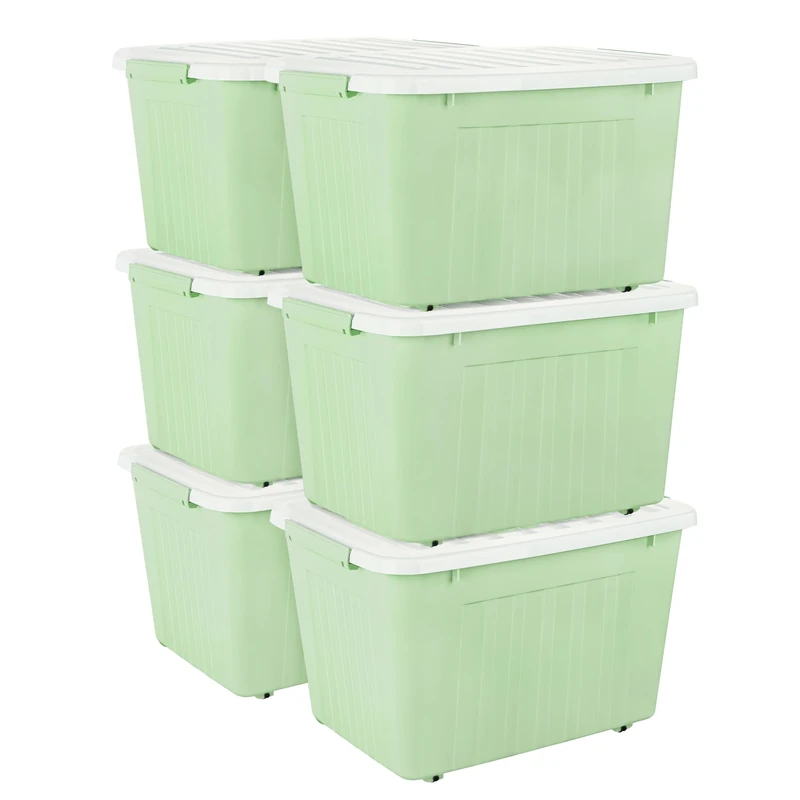 Cetomo 80L*6 Storage Boxes with Lids, Plastic Storage Box with Wheels and Secure Side Latches, Stackable & Nestable Organizer for Home, Office, Moving, PP, Green, 80L-6 Pack