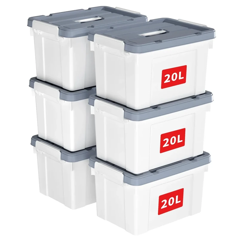 Cetomo 20L*6 Storage Boxes, Carry Plastic Storage Box with Lids, Organizing Container with Handle and Secure Latches, Nestable & Stackable Tote Box for Home Office, 20L-6 Pack, White