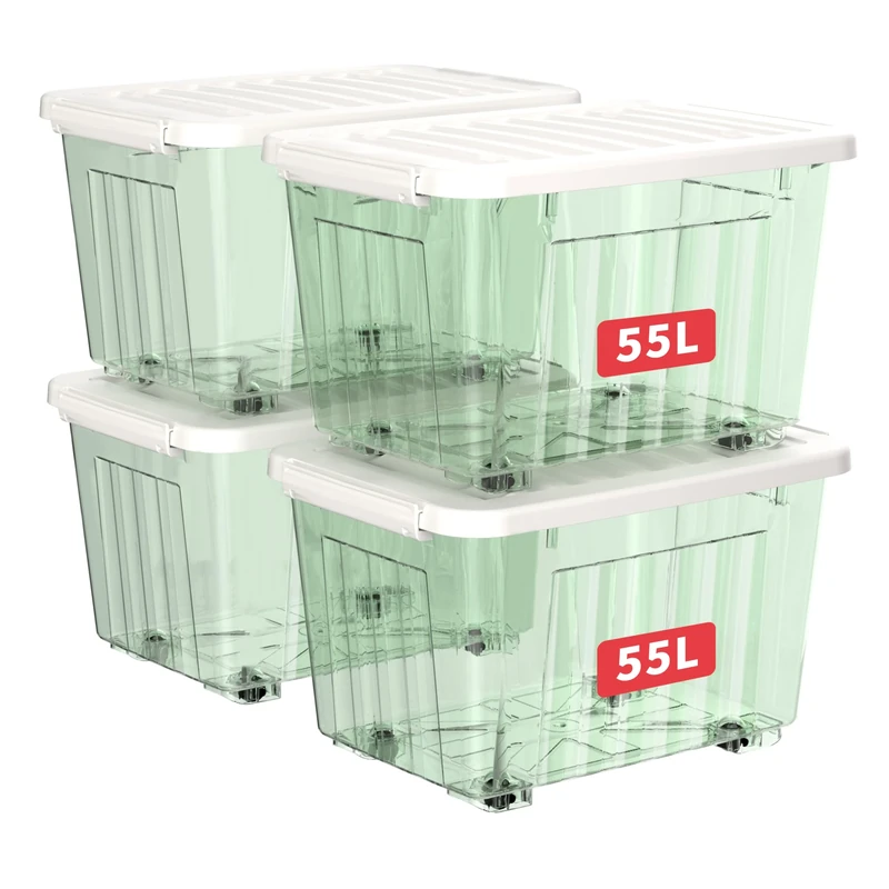 Cetomo 55L*4 Plastic Storage Boxes with Wheels, Lidded Storage Box with Secure Side Latches, PP Nestable and Stackable Clear Organizer for Home, Office, Moving, Transparent Green, 55L-4 Pack