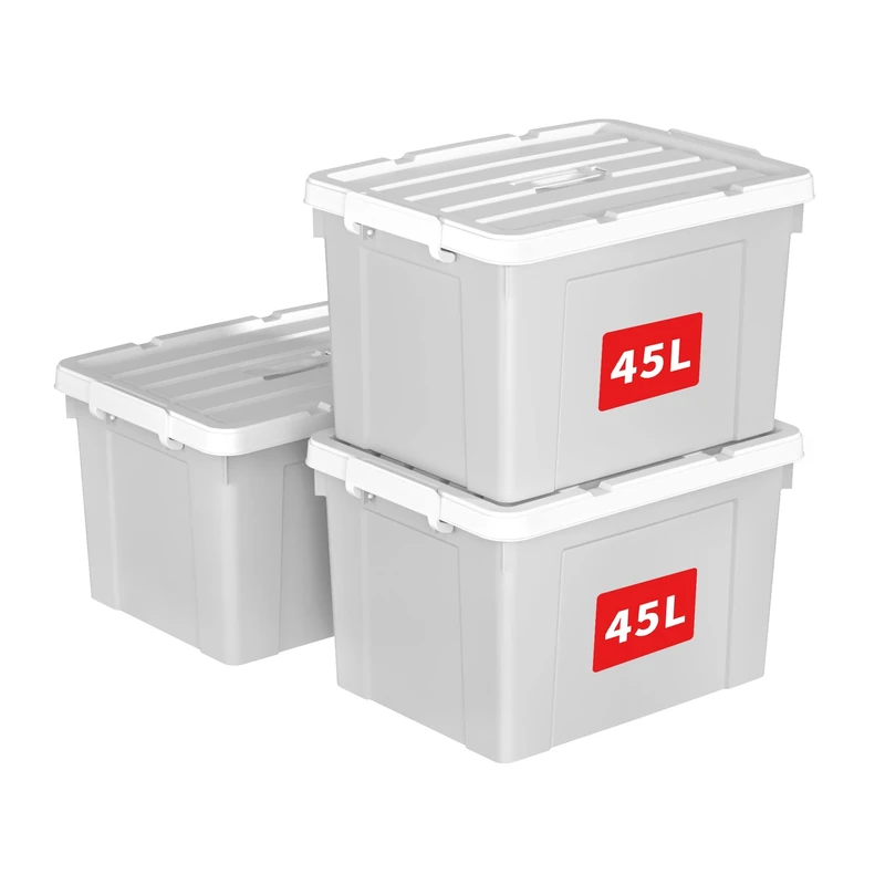 Cetomo 45L*3 Storage Boxes, Carry Plastic Storage Box with Lids, Organizing Container with Handle and Secure Latching Buckles, Stackable, Nestable, Tote Bin for Home Office Clothes, 45L-3Pack, Gray