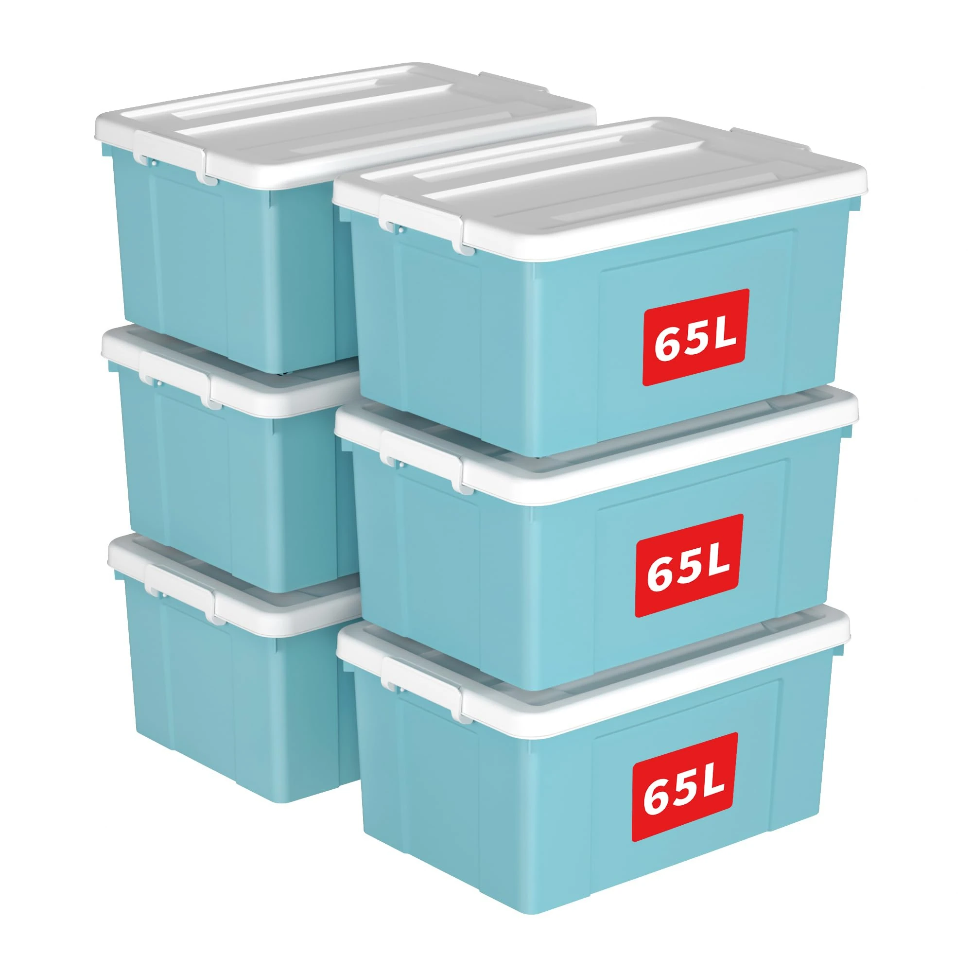 Cetomo 65L*6 Storage Boxes, Plastic Storage Box with Lids, Organizing Container with Secure Latching Buckles, Stackable, Nestable, Tote Bin for Home Office Clothes, 65L-6Pack, Blue