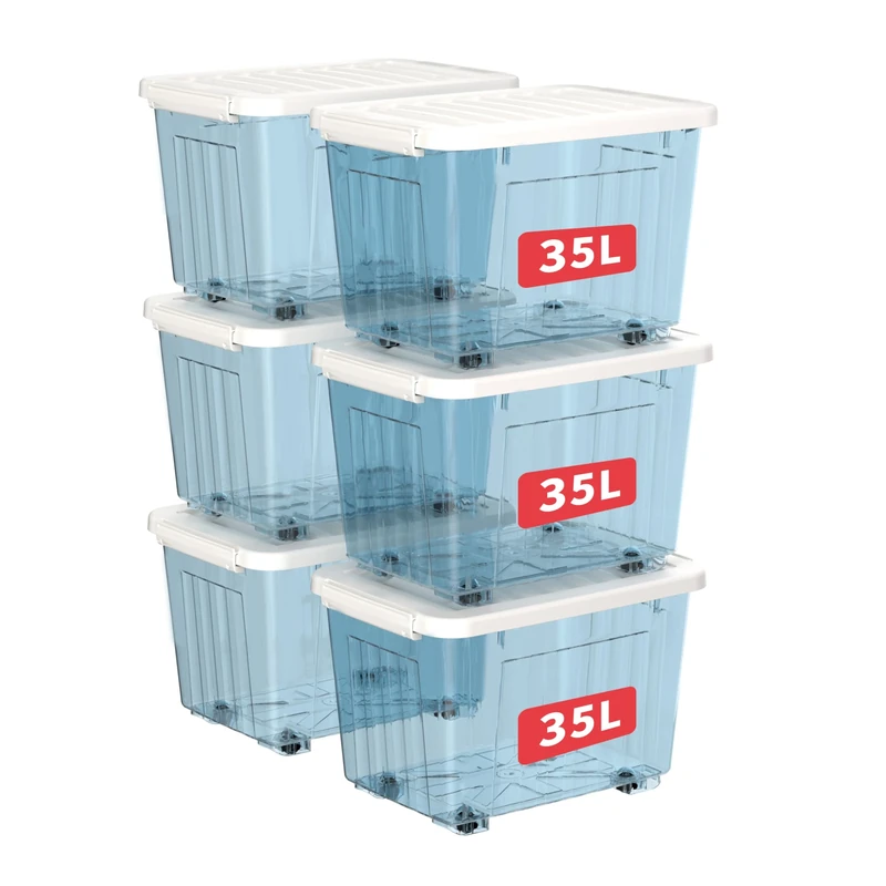 Cetomo 35L*6 Plastic Storage Boxes with Wheels, Lidded Storage Box with Secure Side Latches, PP Nestable and Stackable Clear Organizer for Home, Office, Moving, Transparent Blue, 35L-6 Pack