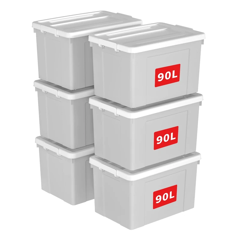 Cetomo 90L*6 Storage Boxes, Plastic Storage Box with Lids, Organizing Container with Secure Latching Buckles, Stackable, Nestable, Tote Bin for Home Office Clothes, 90L-6Pack, Gray