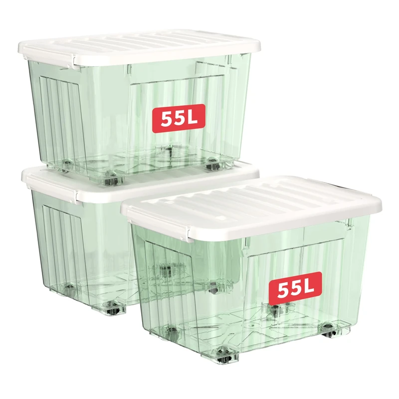Cetomo 55L*3 Plastic Storage Boxes with Wheels, Lidded Storage Box with Secure Side Latches, PP Nestable and Stackable Clear Organizer for Home, Office, Moving, Transparent Green, 55L-3 Pack
