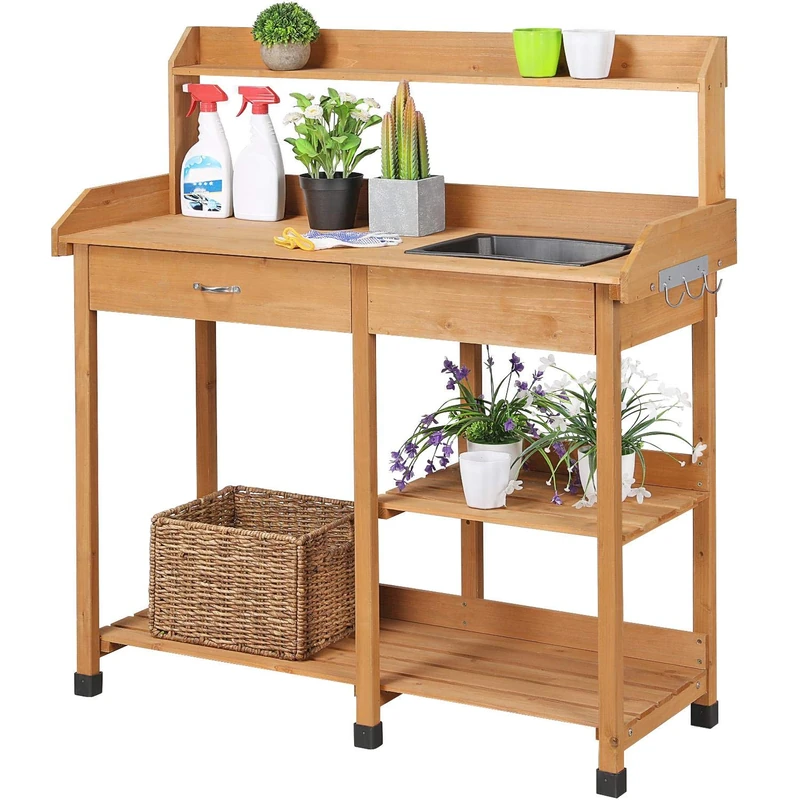 Yaheetech Garden Potting Table, Wood Potting Bench Removable Sink Drawer Planting Germination Workstation w/Open Shelves & Side Hooks for Patio, Balcony, Yard & Lawn