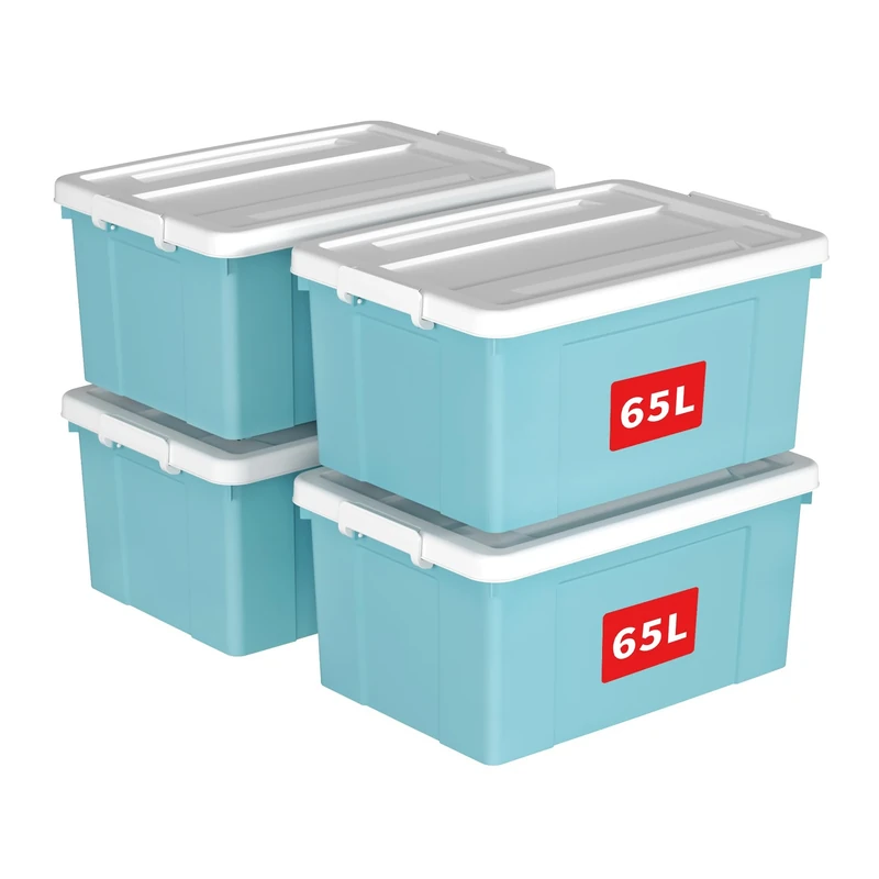 Cetomo 65L*4 Storage Boxes, Plastic Storage Box with Lids, Organizing Container with Secure Latching Buckles, Stackable, Nestable, Tote Bin for Home Office Clothes, 65L-4Pack, Blue