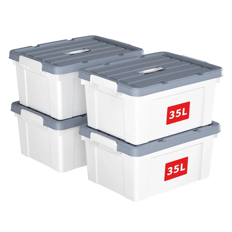 Cetomo 35L*4 Storage Boxes, Carry Plastic Storage Box with Lids, Organizing Container with Handle and Secure Latches, Nestable & Stackable Tote Box for Home Office, 35L-4 Pack, White