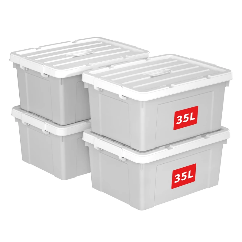 Cetomo 35L*4 Storage Boxes, Carry Plastic Storage Box with Lids, Organizing Container with Handle and Secure Latching Buckles, Stackable, Nestable, Tote Bin for Home Office Clothes, 35L-4Pack, Gray