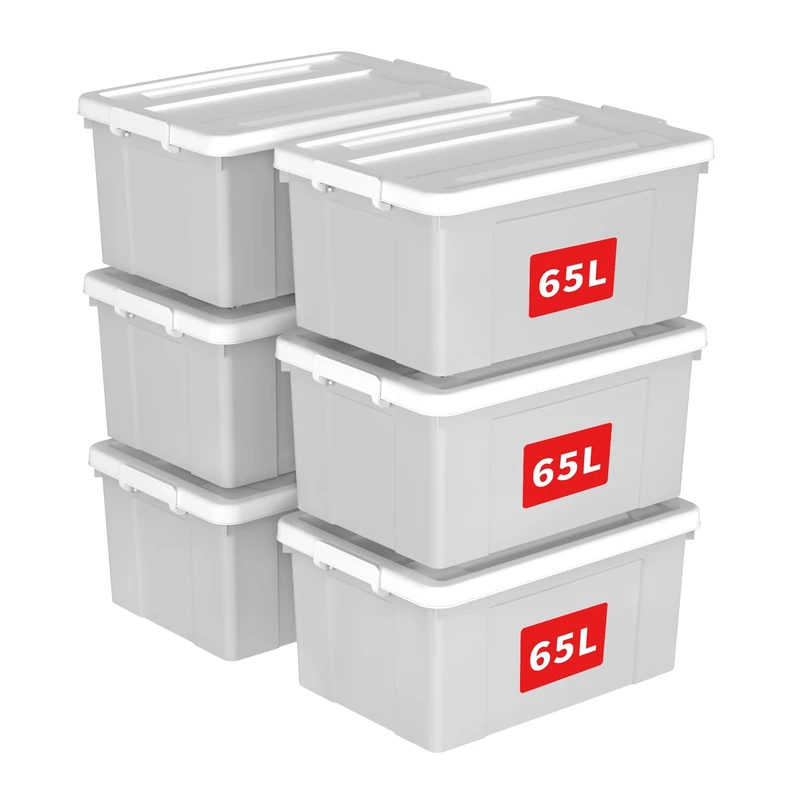 Cetomo 65L*6 Storage Boxes, Plastic Storage Box with Lids, Organizing Container with Secure Latching Buckles, Stackable, Nestable, Tote Bin for Home Office Clothes, 65L-6Pack, Gray