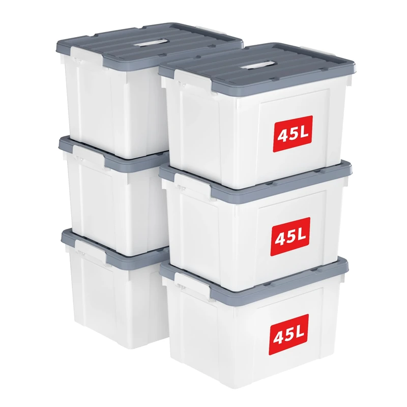 Cetomo 45L*6 Storage Boxes, Carry Plastic Storage Box with Lids, Organizing Container with Handle and Secure Latches, Nestable & Stackable Tote Box for Home Office, 45L-6 Pack, White